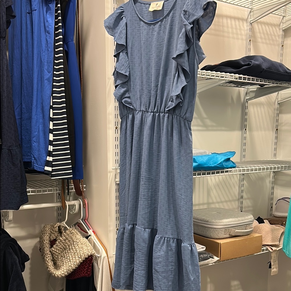 Boutique Dusty Blue Ruffled Tiered Midi Sundress
